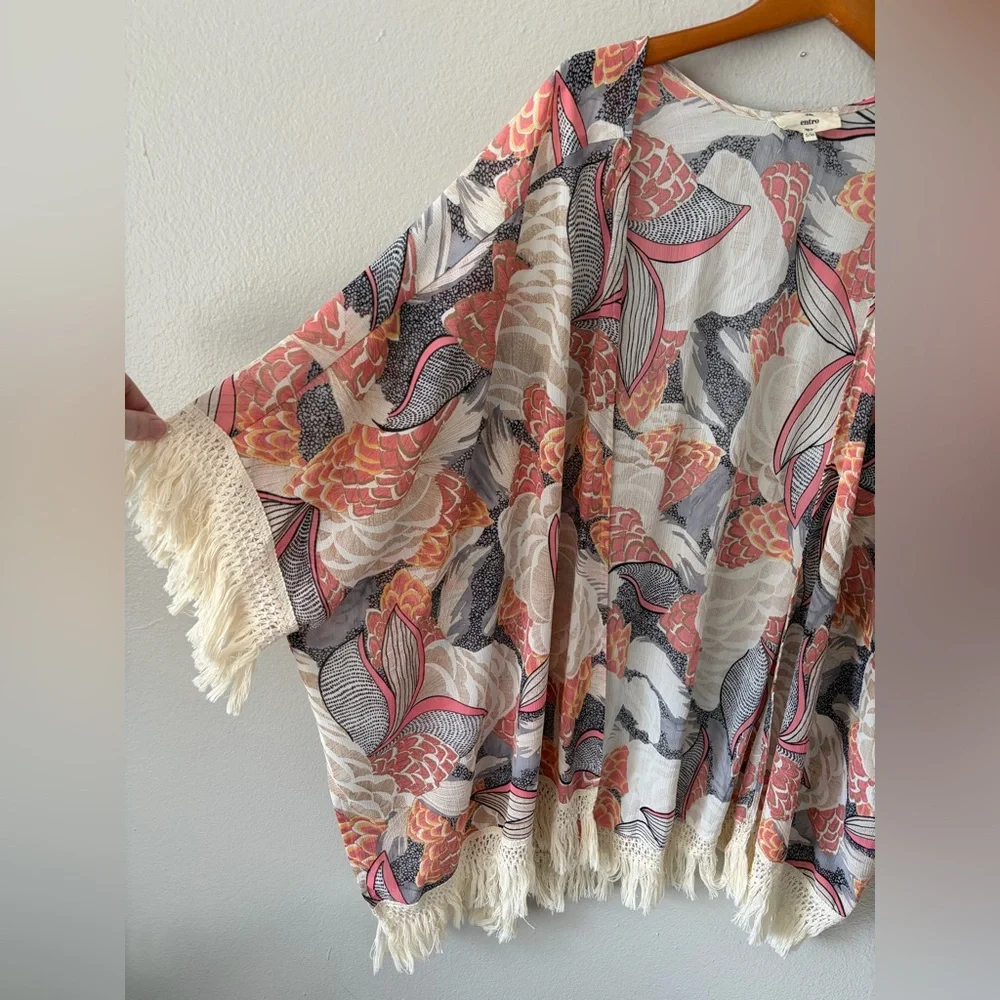 Entro Boho Festival Floral Kimono with Fringe Detail Women’s Small Medium Large - Picture 2 of 8